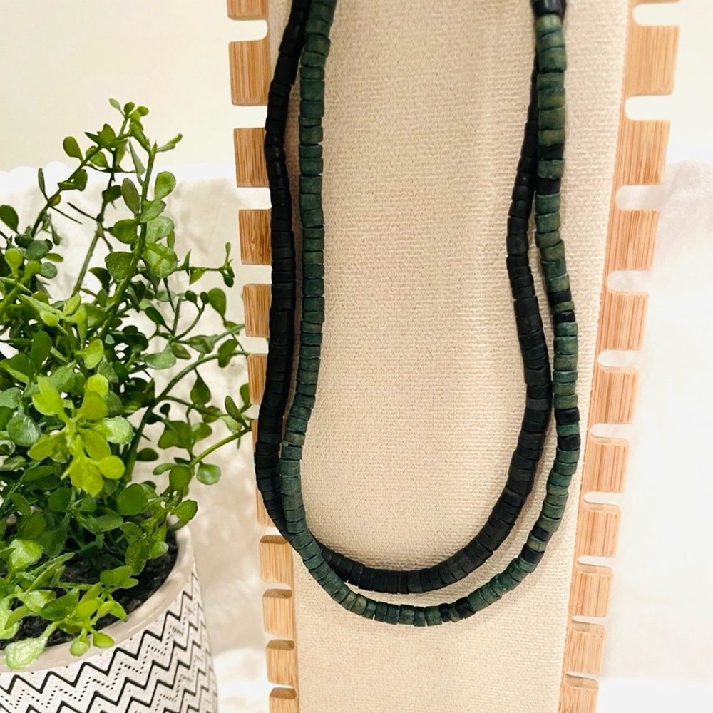 Two Artisan Wood Beaded Necklaces x2 | Dark Green & Black | Barrel Clasp